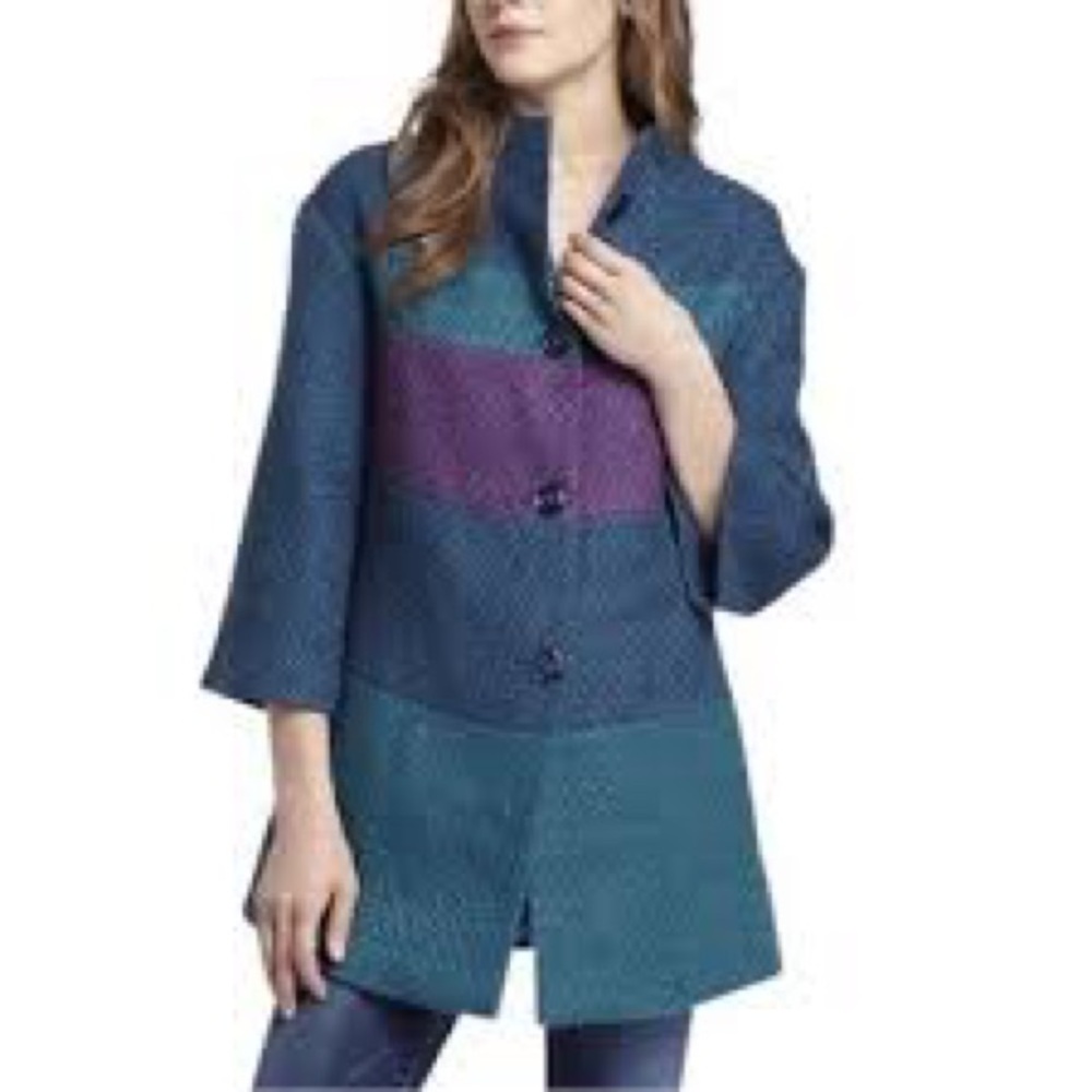 Tabitha (Anthropologie) purple and greens colorblock wool blend coat. Medium.